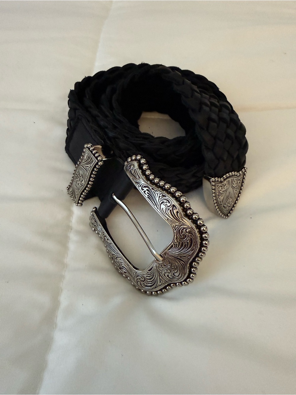 B-Low the Belt Black Braided Leather Western Belt Engraved Silver Buckle S/M - Picture 4 of 7